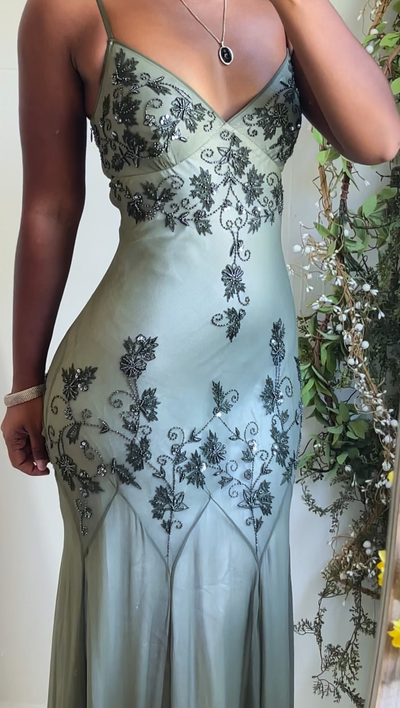 Olive Silk Layered Beaded Fairy Gown