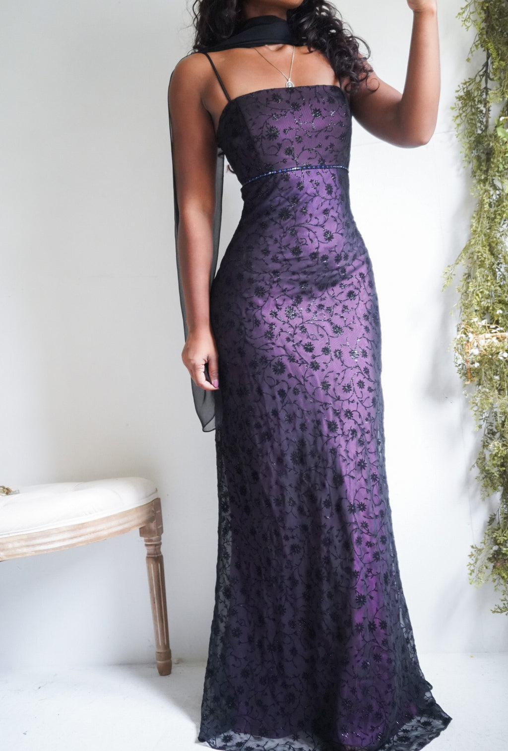 Rare Vintage Y2K Purple and Black Burnout Layered Gown
