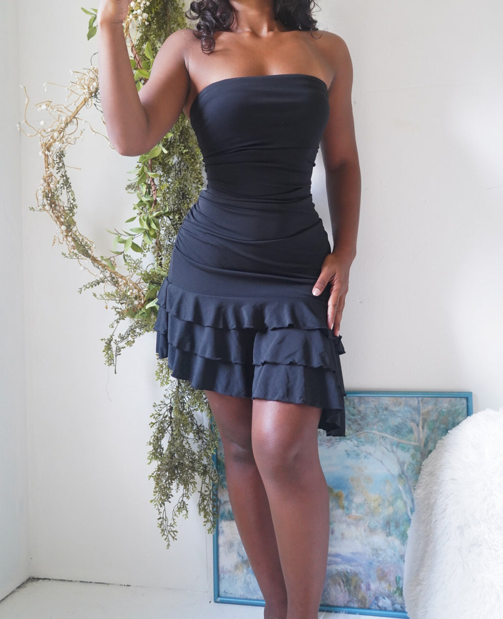 Y2K Strapless Black Ruffle Hem Mini Dress