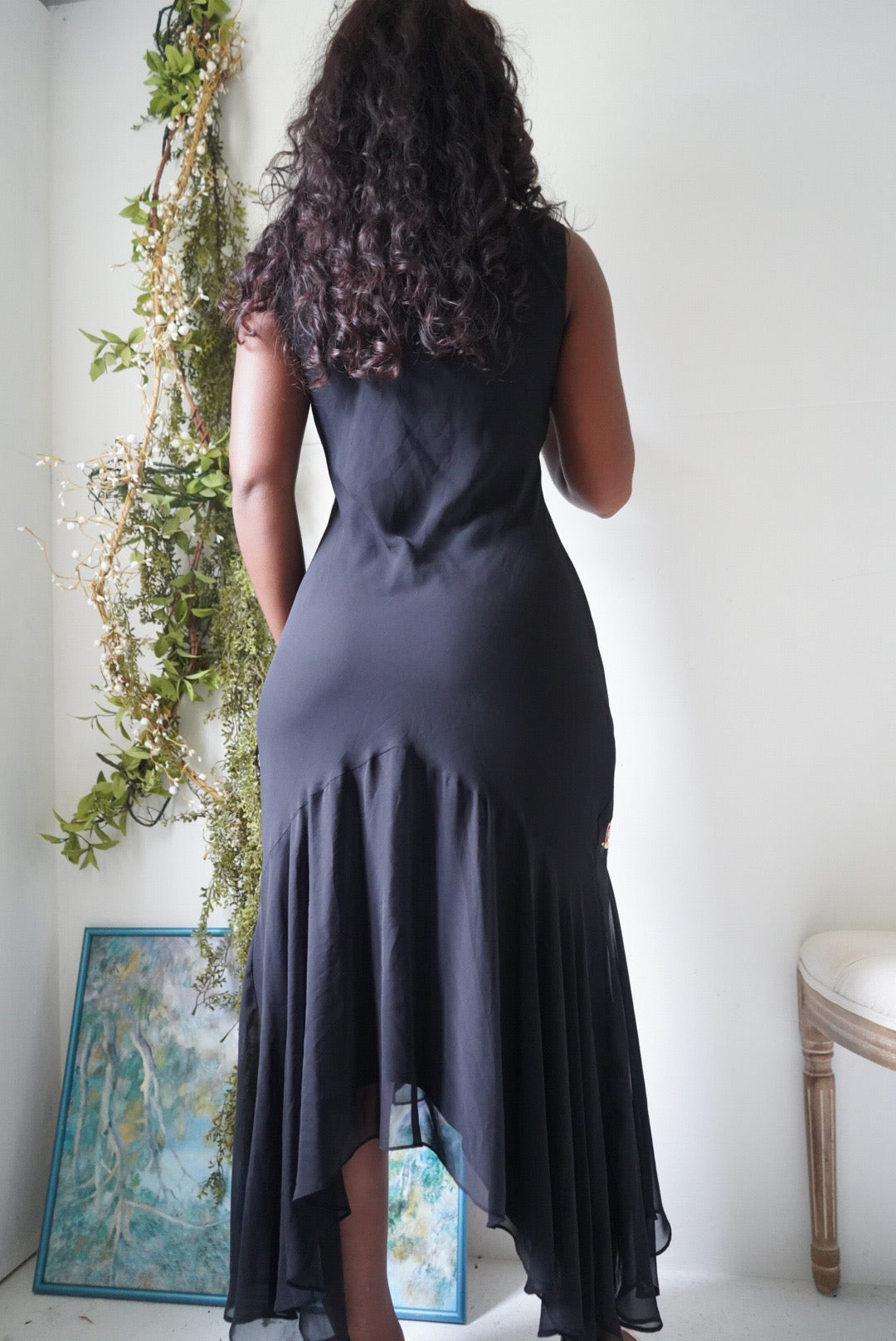 Y2K Floral Detail High Low Hem Black Dress
