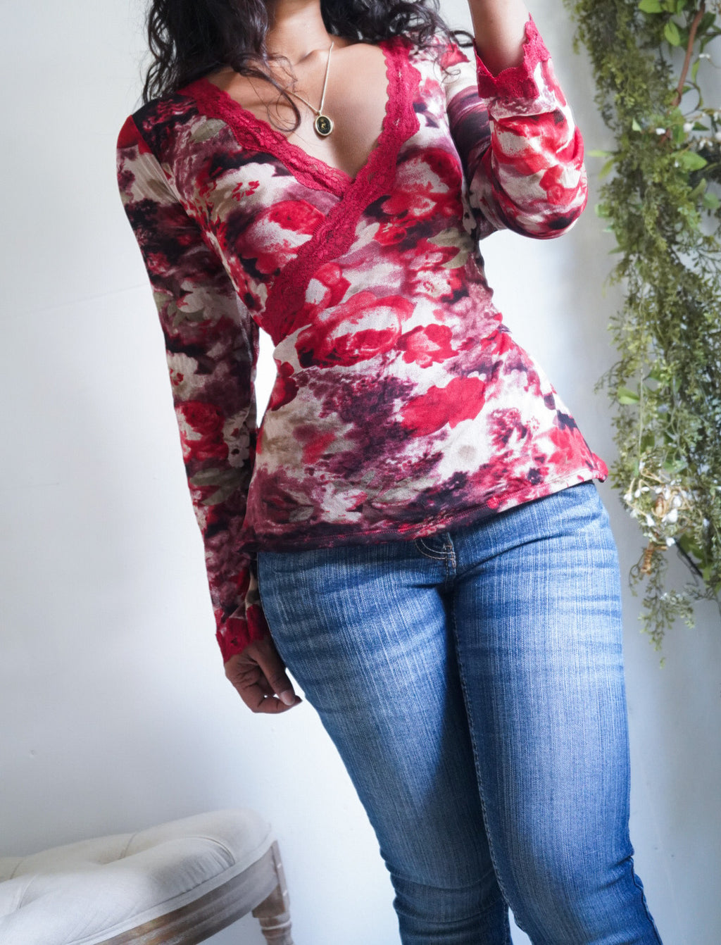 Y2K Red Floral Mesh Long Sleeve Crossover Neckline Top