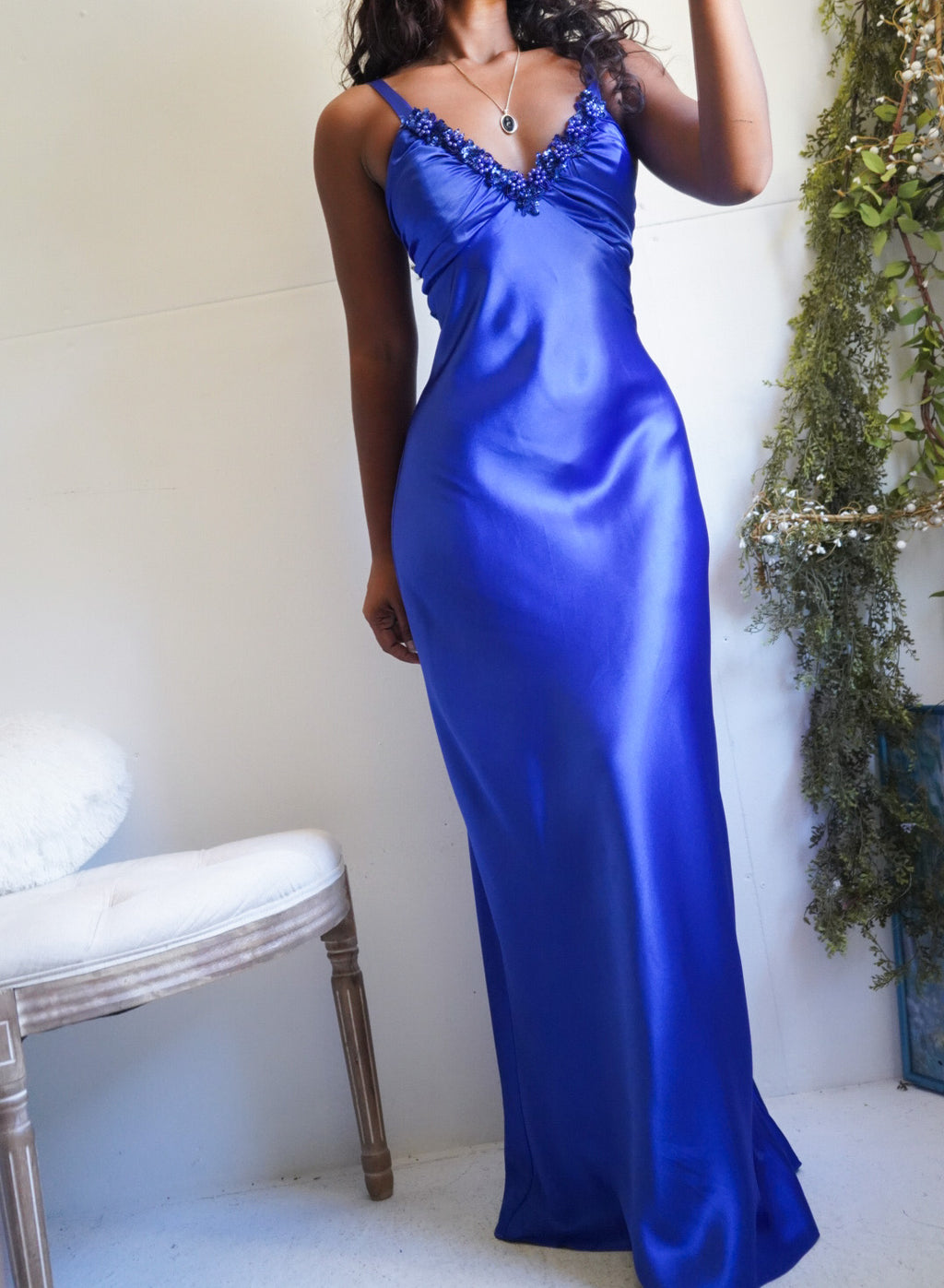 Royal Blue Satin Y2K Backless Gown
