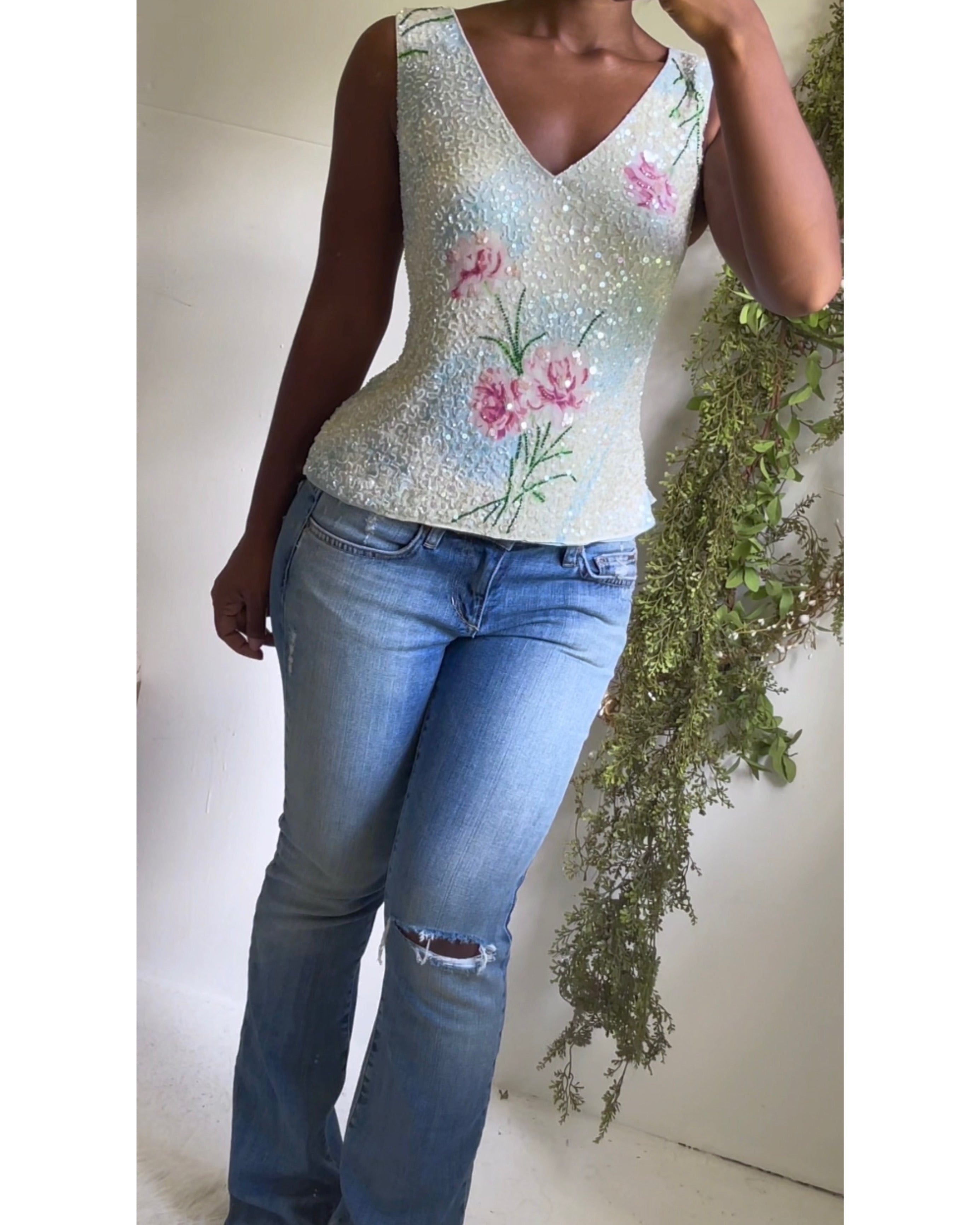 Y2K Romantic Rose Silk Beaded and Sequin Blouse