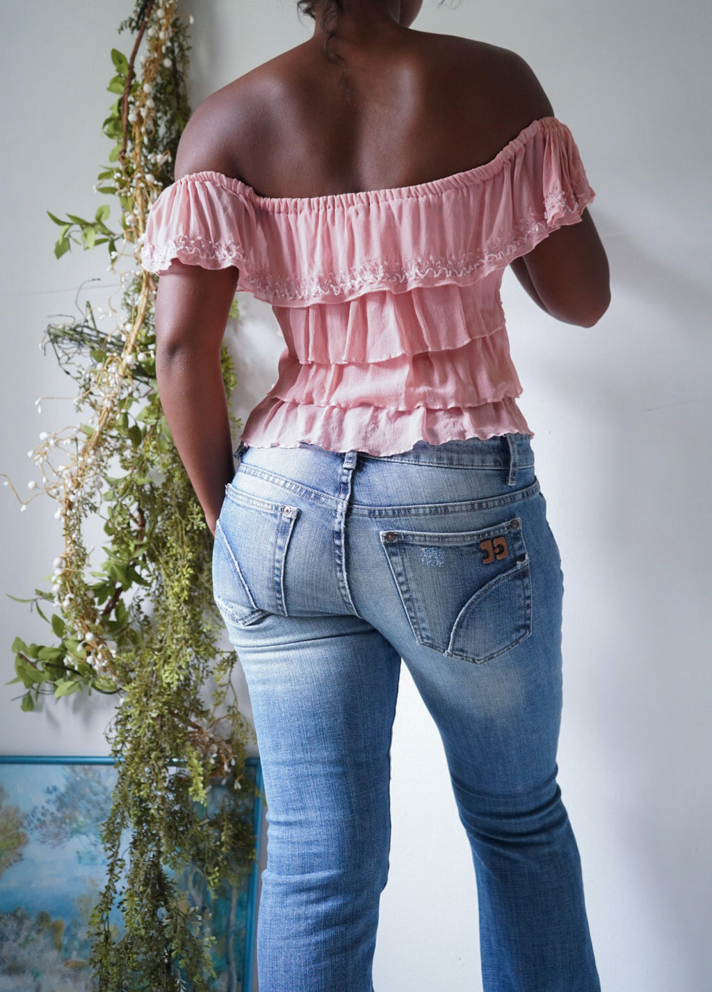 Rare Y2K Pink Silk Ruffle Beaded Top