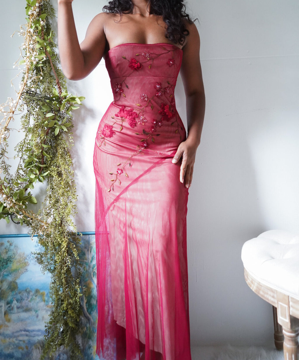 Y2K Red Layered Strapless Tulle Beaded Gown