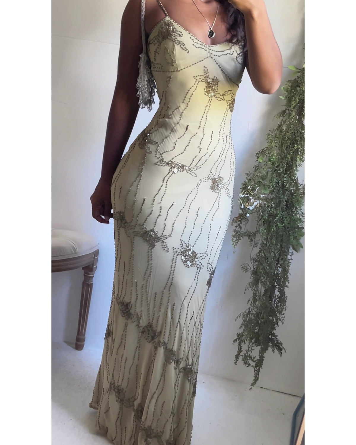Y2K Sue Wong Beige Beaded Gown