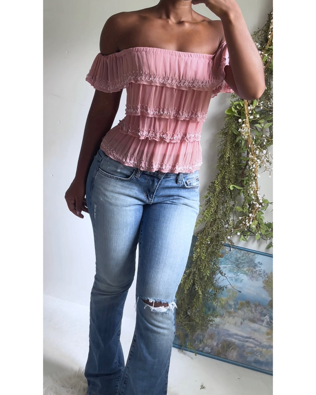 Rare Y2K Pink Silk Ruffle Beaded Top