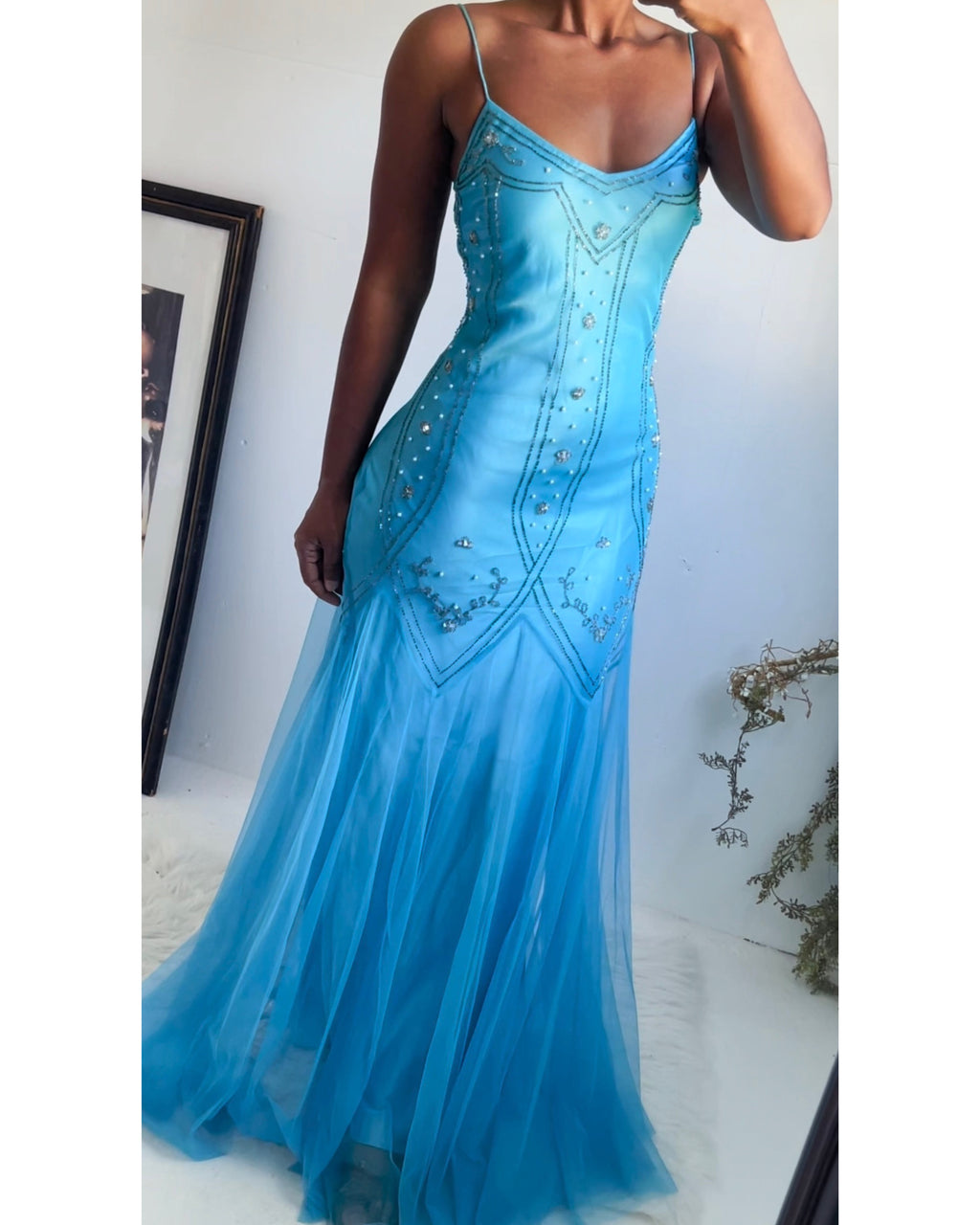 Y2K Turquoise Beaded Tulle Gown