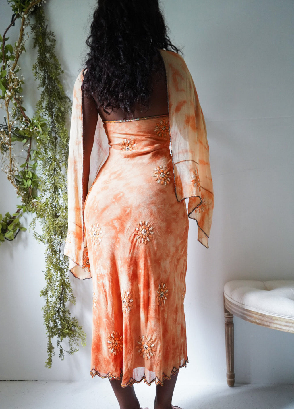 Rare Y2K Boho Silk Halter Tie Dye Beaded Dress