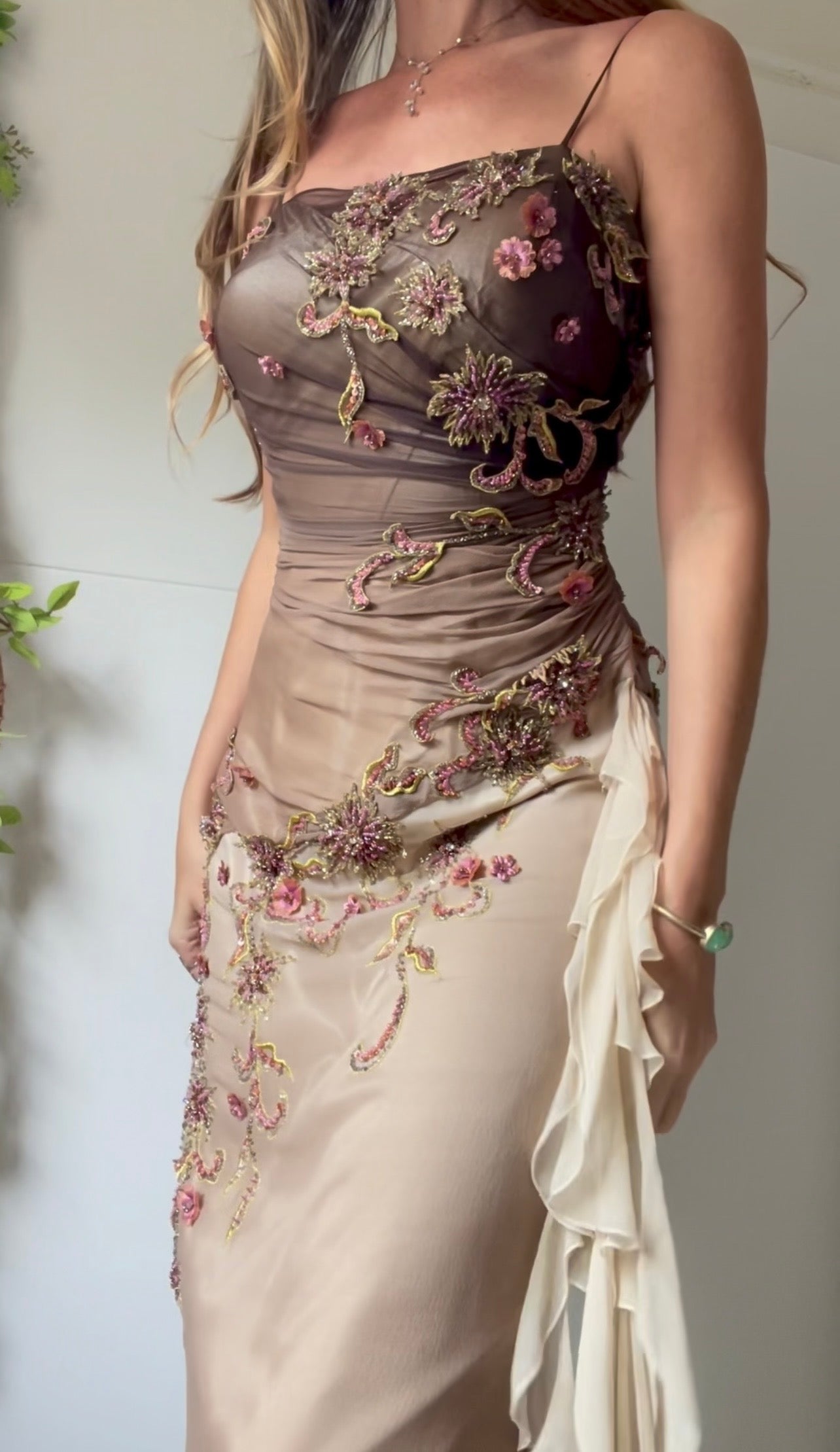 Y2k Ombre Silk Floral Bead Detail Fairy Gown