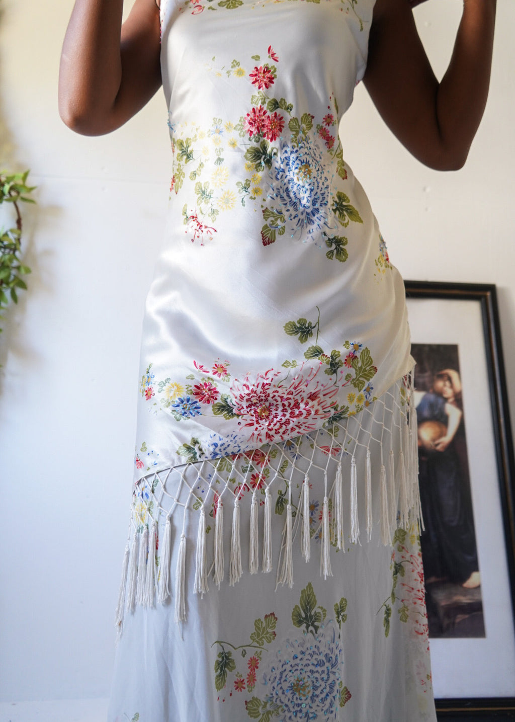 Pale Blue Beaded Fringe Chinoiserie Gown