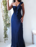Y2K Deep Navy Silk Chiffon Strapless One Shoulder Gown