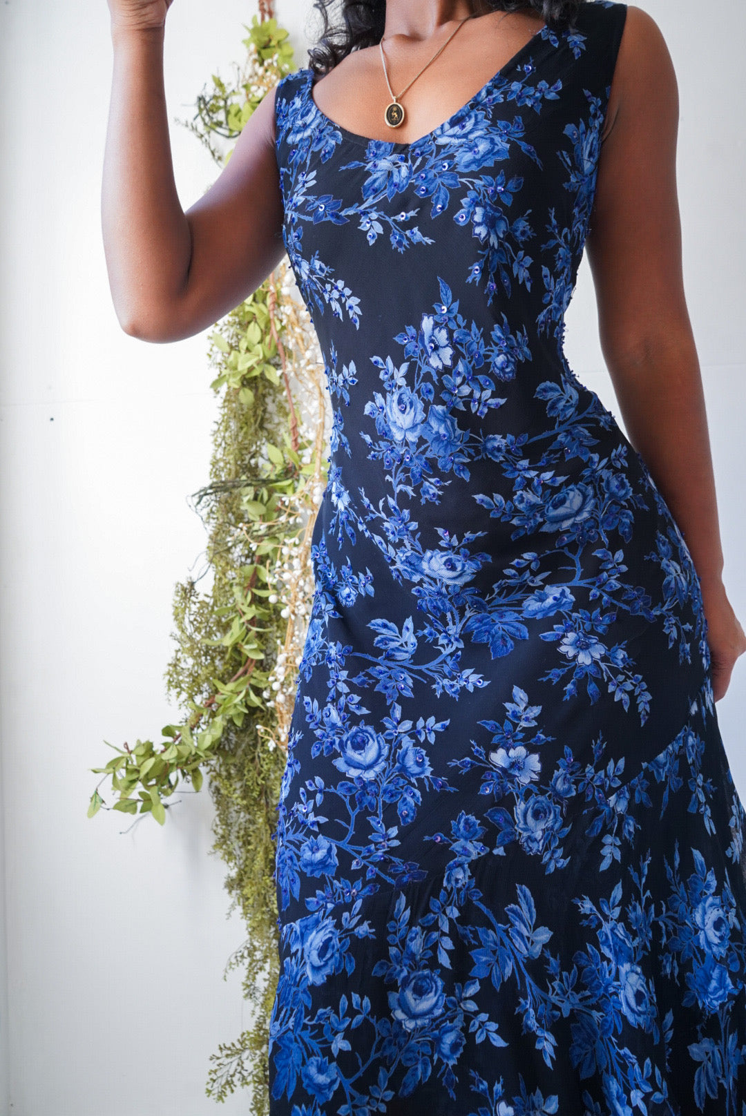 Blue and Black Floral 90’s Beaded Dress