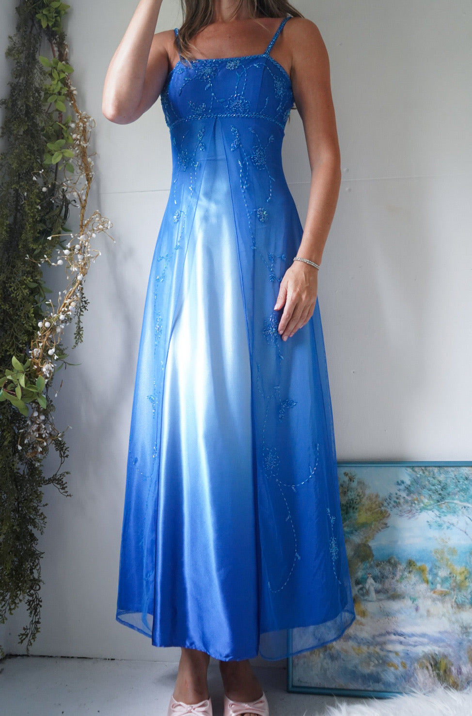 Y2k Ombre Blue Beaded Split Front Gown