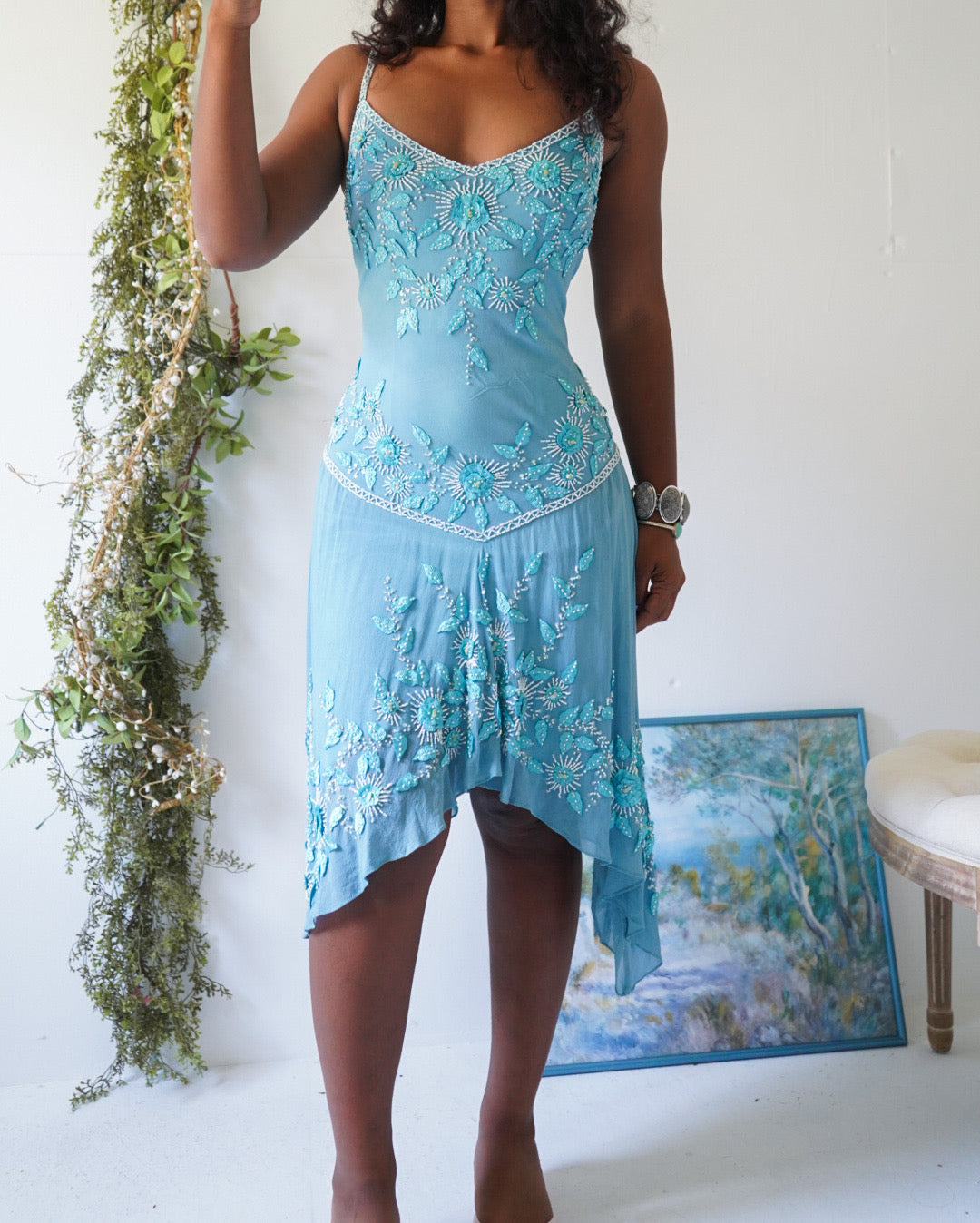 Y2K Beaded Dusty Blue Silk Sue Wong Fairy Dress Masha&Jlynn Y2K Beaded Dusty Blue Silk Sue Wong Fairy Dress Masha&Jlynn