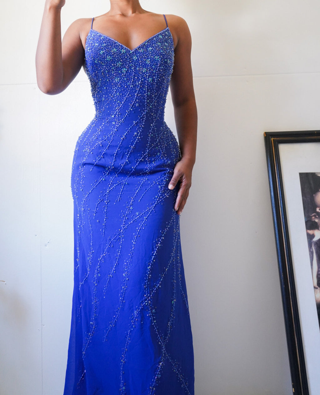 Vintage Y2K Blue Beaded Backless Gown
