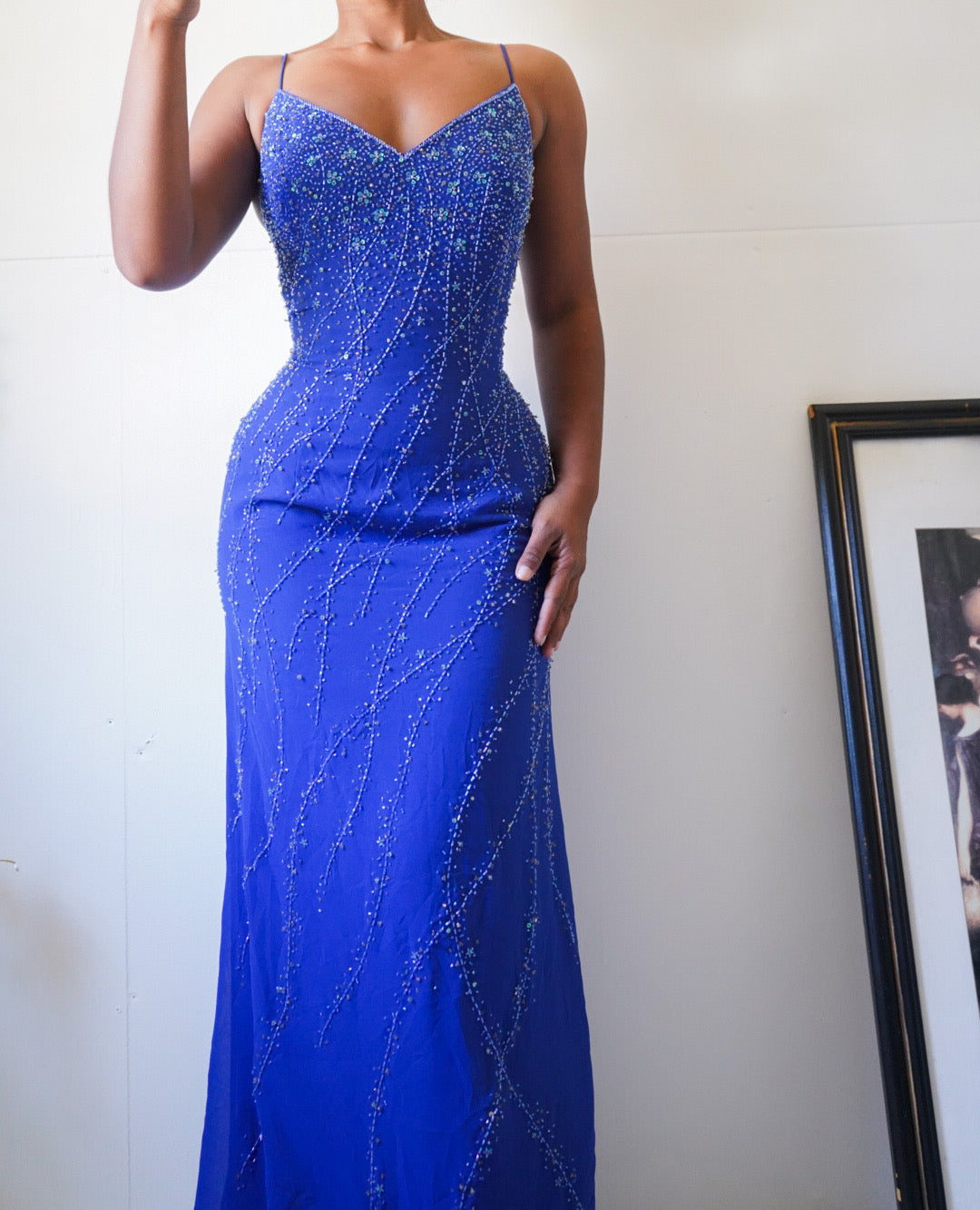 Vintage Y2K Blue Beaded Backless Gown