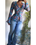 Y2K Sequin Teal Paisley Crinkle Buttondown Top