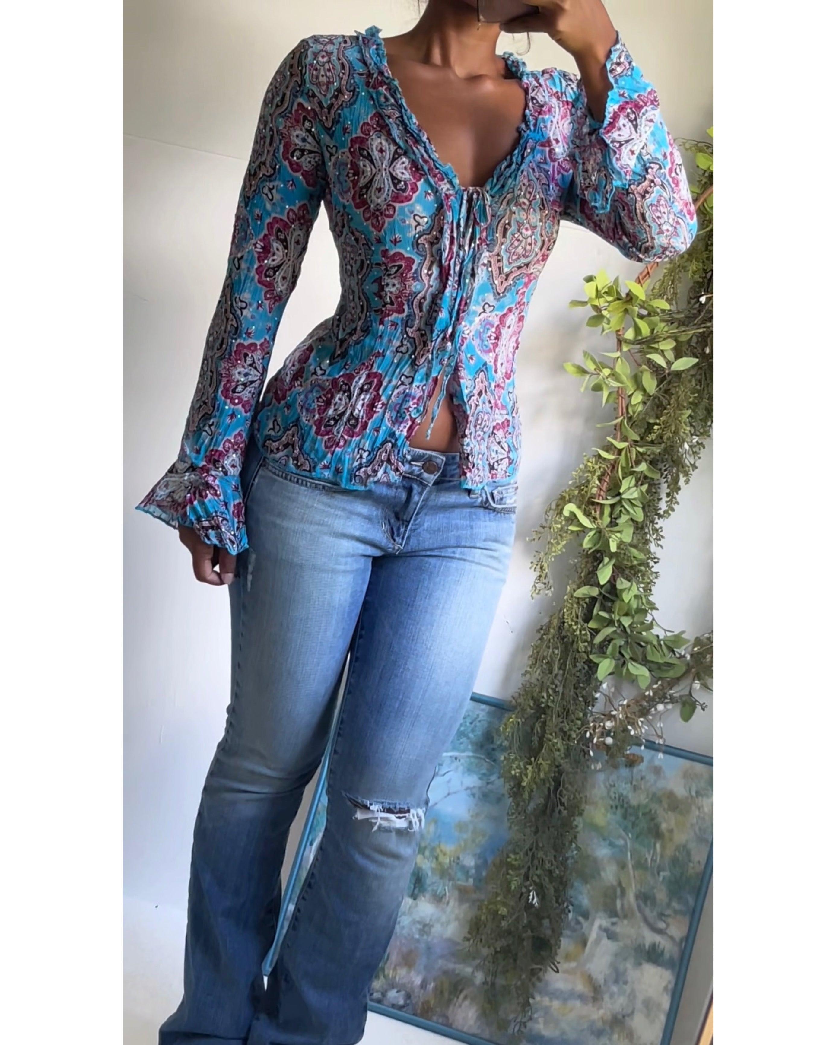 Y2K Sequin Teal Paisley Crinkle Buttondown Top
