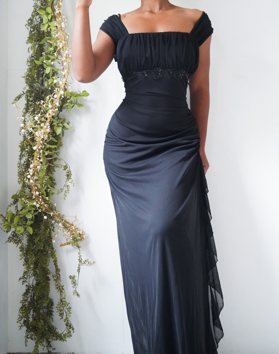 Vintage Y2K Black Milkmaid Bust Ruffle Detail Gown