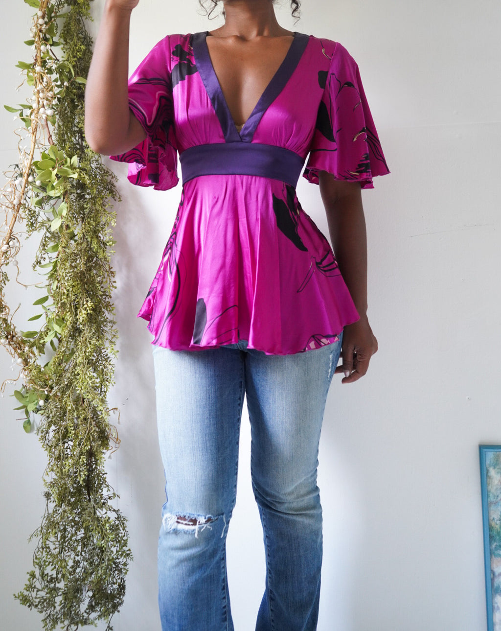 Y2K Bebe Fuchsia Silk Babydoll Top