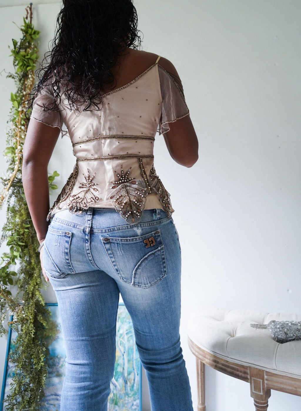 Y2K Champagne Satin Beaded Top