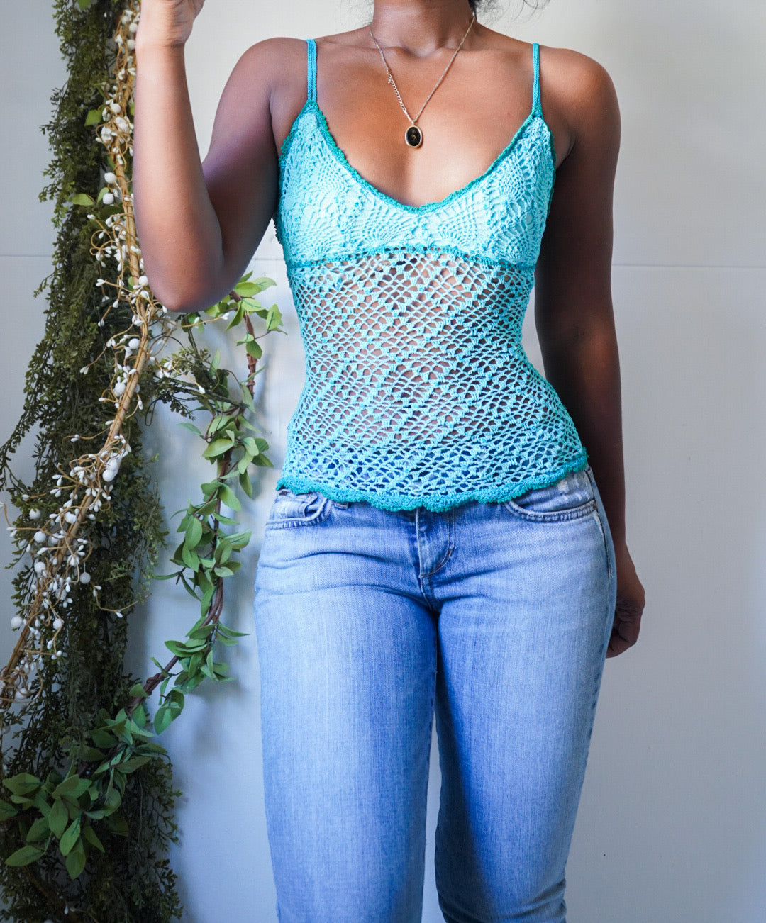 Vintage Blue Crochet Knit Sequin Cami