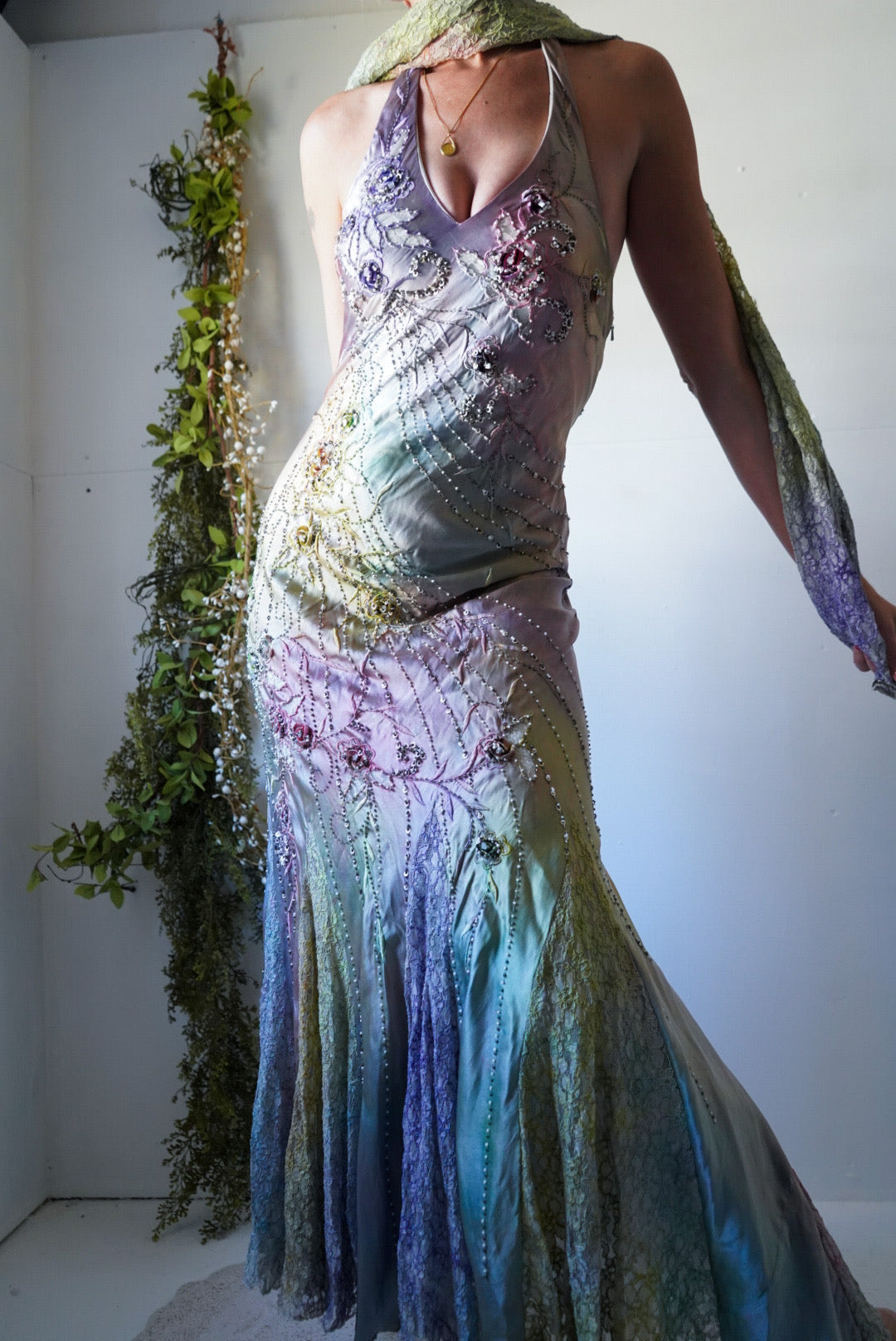 Rare Beaded Forest Fairy Halter Gown