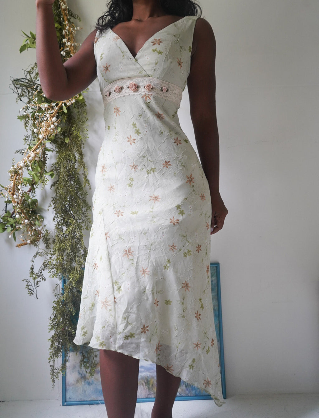 Y2K Pale Sage Romantic Floral Midi Dress