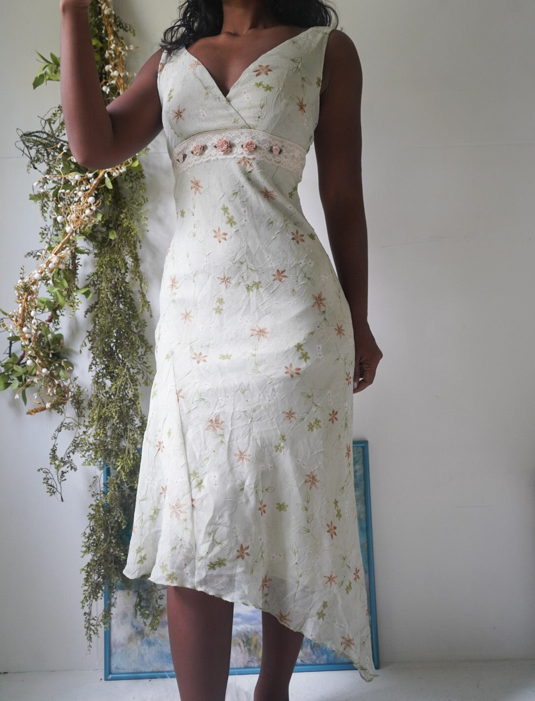 Y2K Pale Sage Romantic Floral Midi Dress