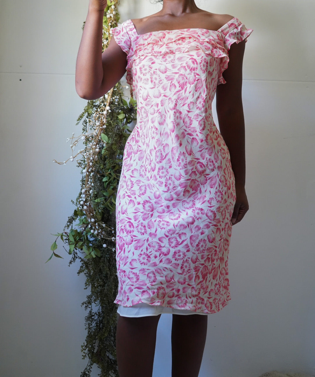 Vintage Y2K Cream and Pink Silk Floral Dress