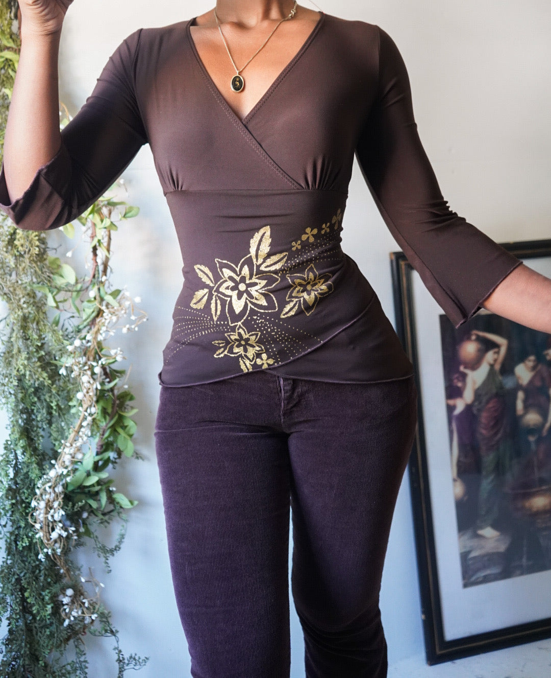 Brown Boho Gold Floral Detail Top
