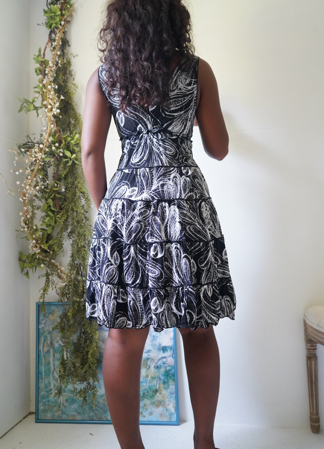 Y2K Monochrome Paisley Mesh Tiered Babydoll Dress