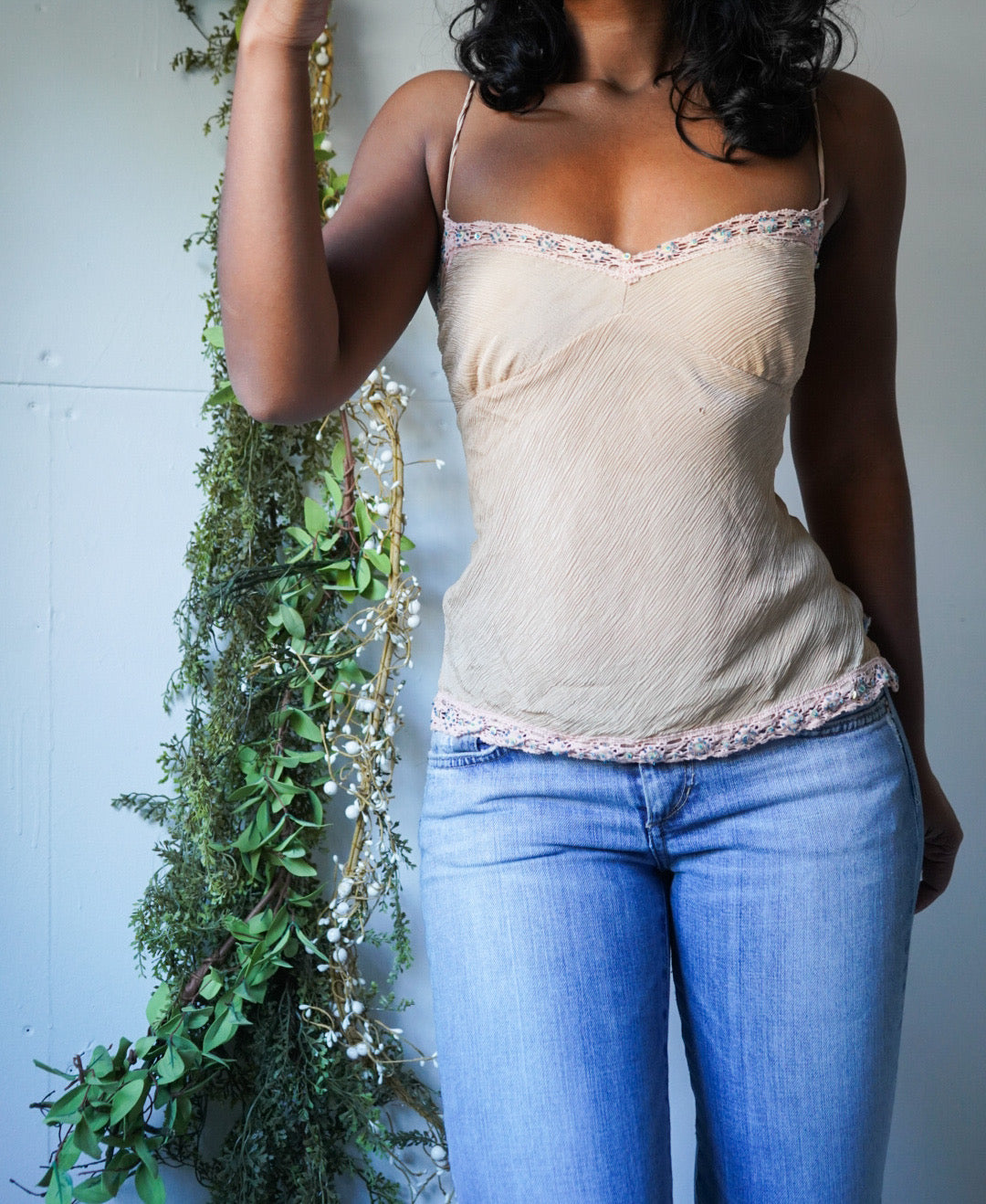 Textured Silk Bead Trim Neckline Y2K Cami