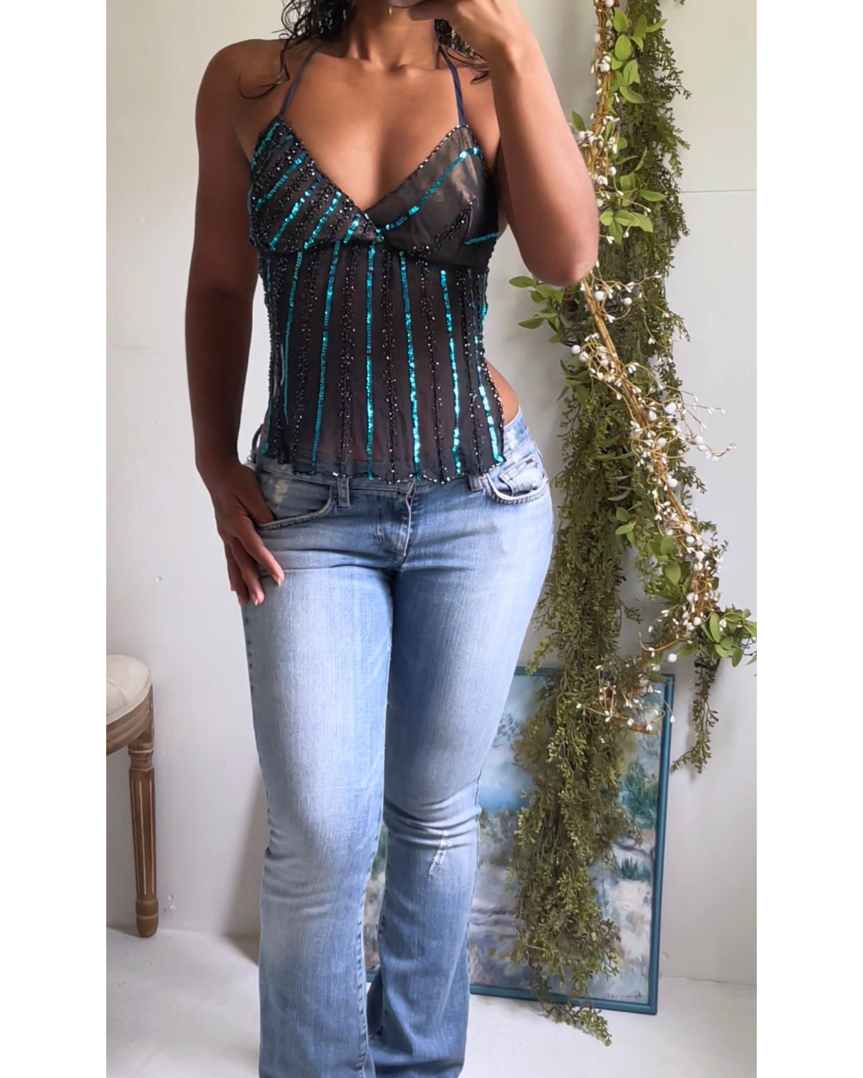 Reworked Handmade Silk Tie Back Top with Teal Sequins