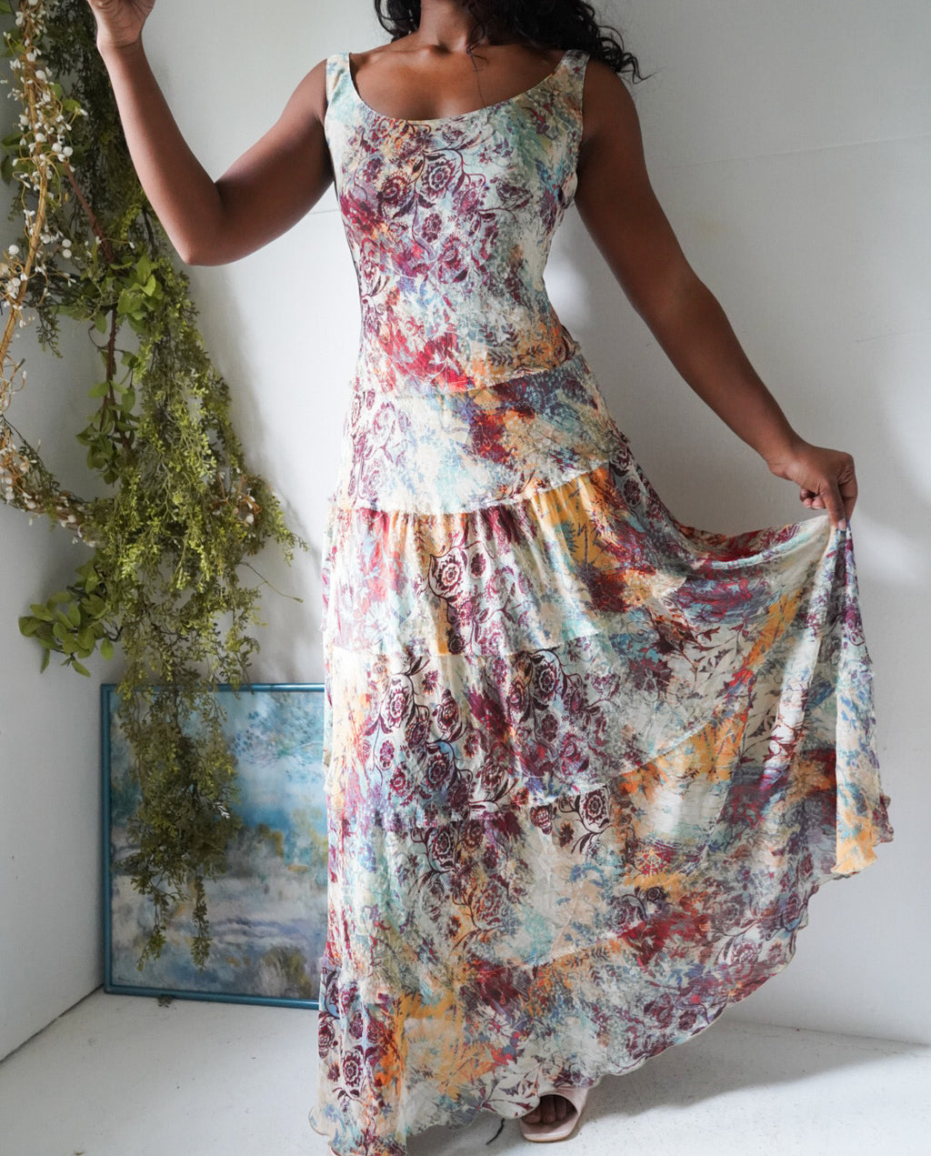 Y2K Boho Printed Maxi Dress with a Tiered Skirt