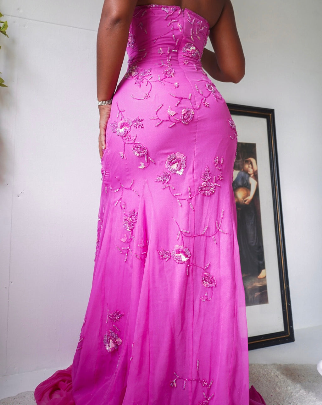Pink Silk Chiffon Beaded Strapless Gown