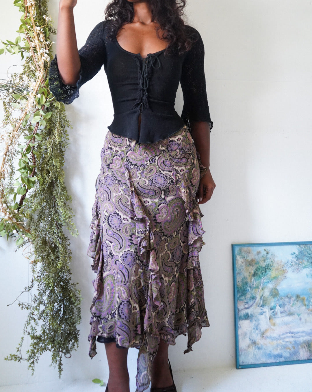 Y2K Purple and Black Paisley Boho Fairy Skirt