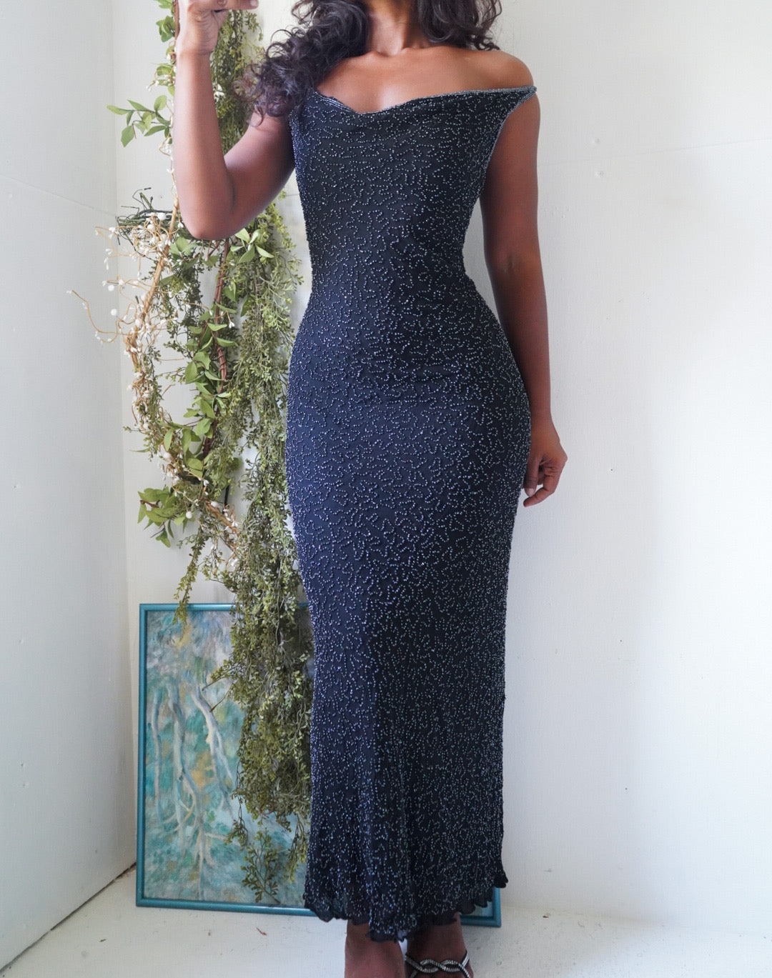 Vintage Y2K Black Fully Beaded Silk Gown