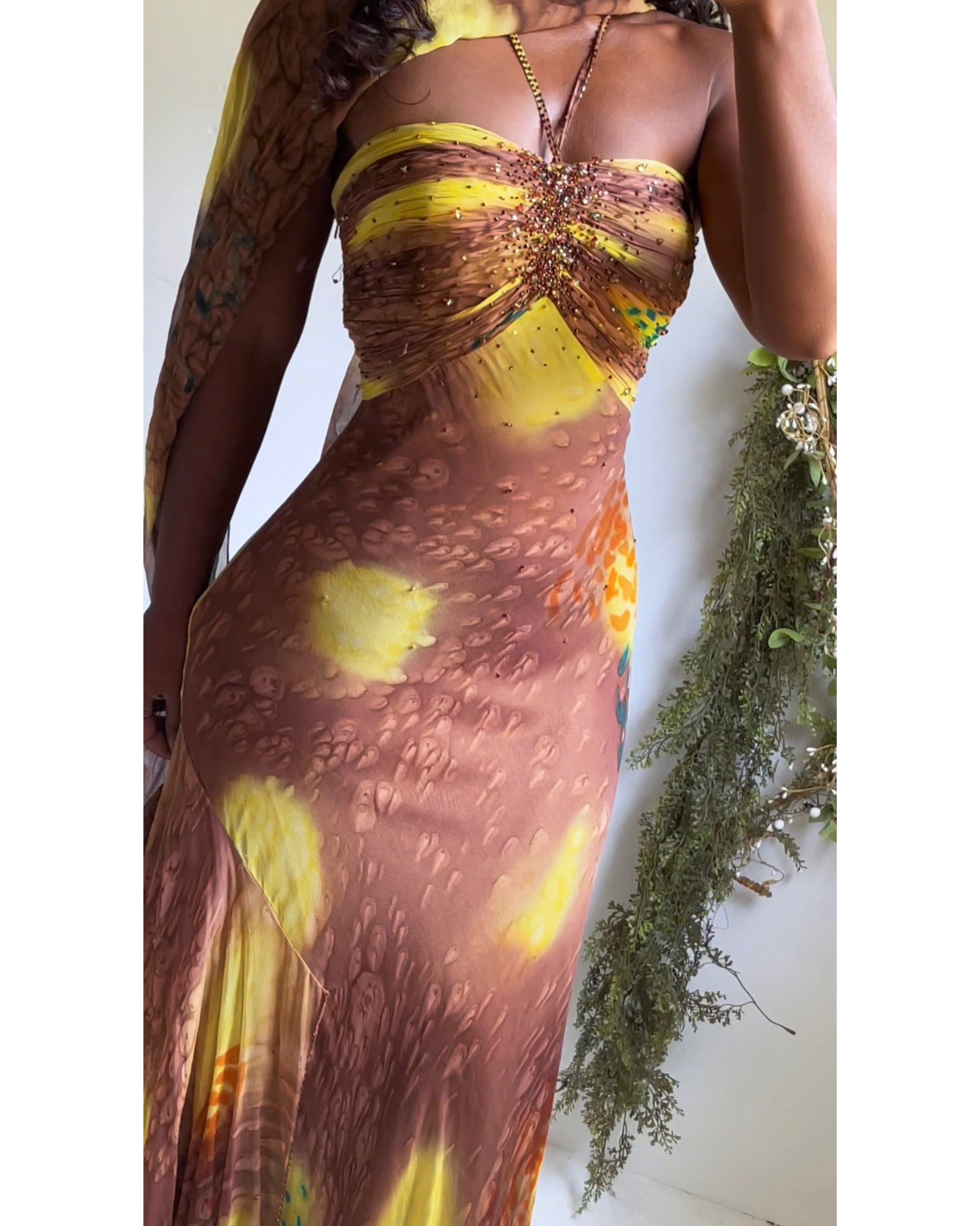 Rare Vintage Y2K Brown Abstract Silk Fairy Gown