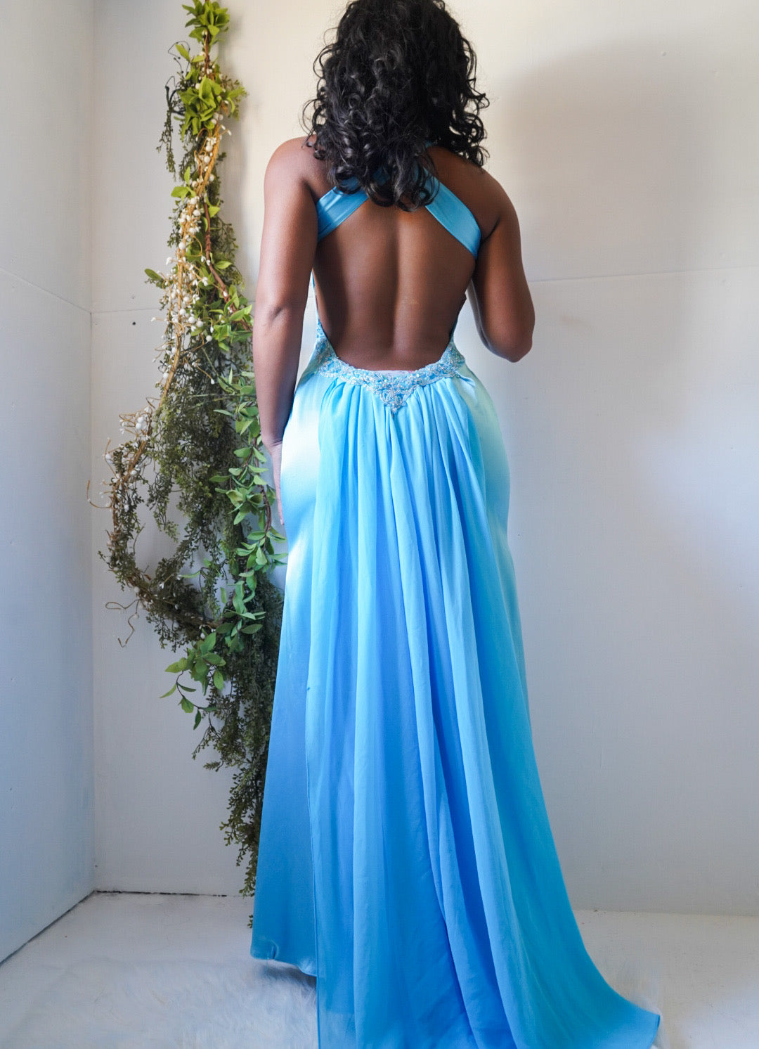 Blue Backless Beaded Detail Gown