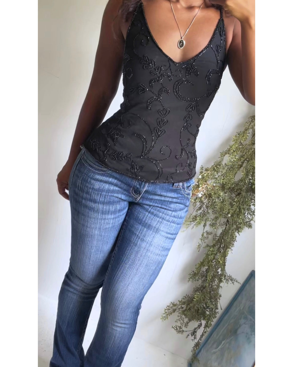 Y2K Beaded Black Staple Cami