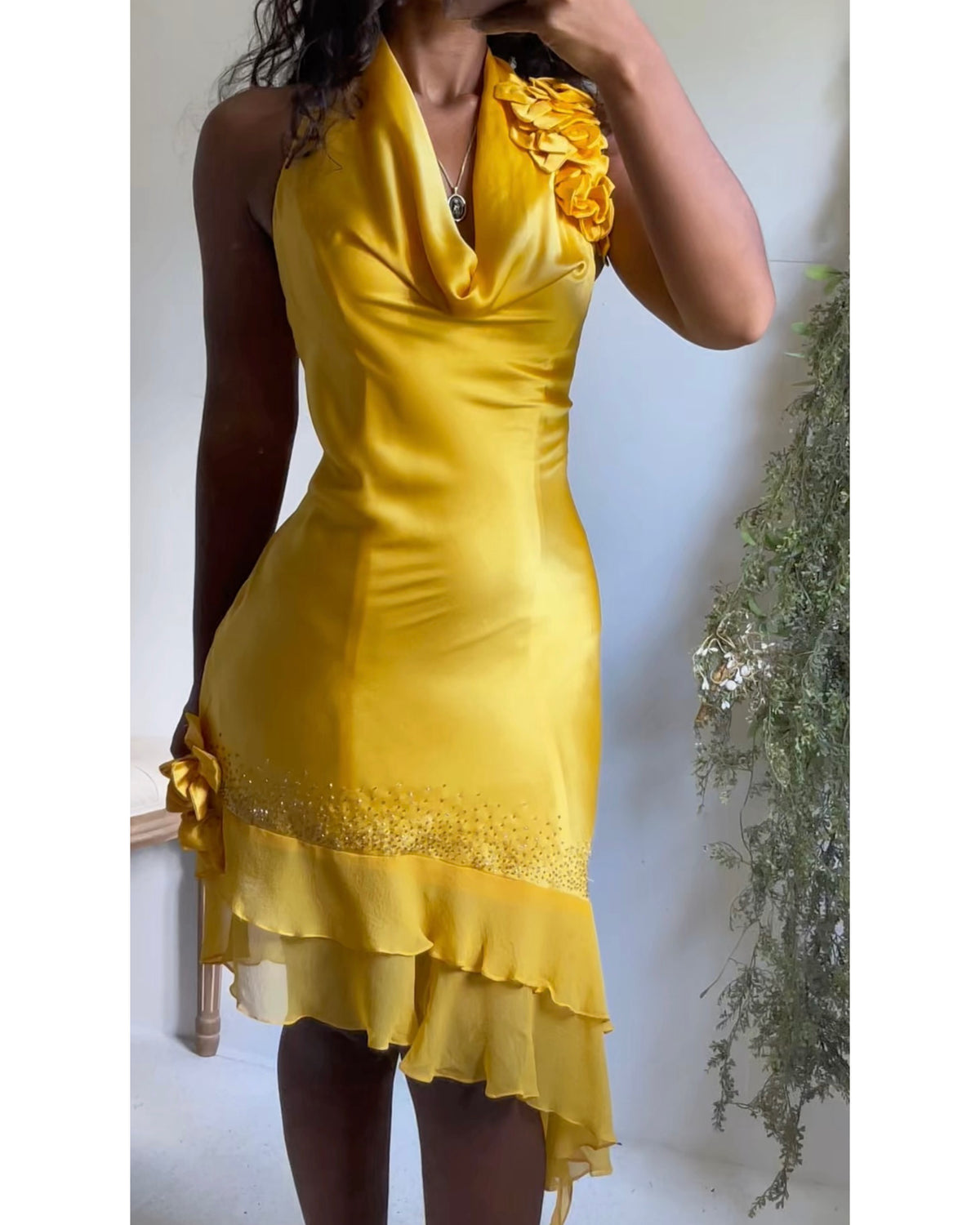 Y2K Golden Yellow Silk Charmeuse Halter Dress