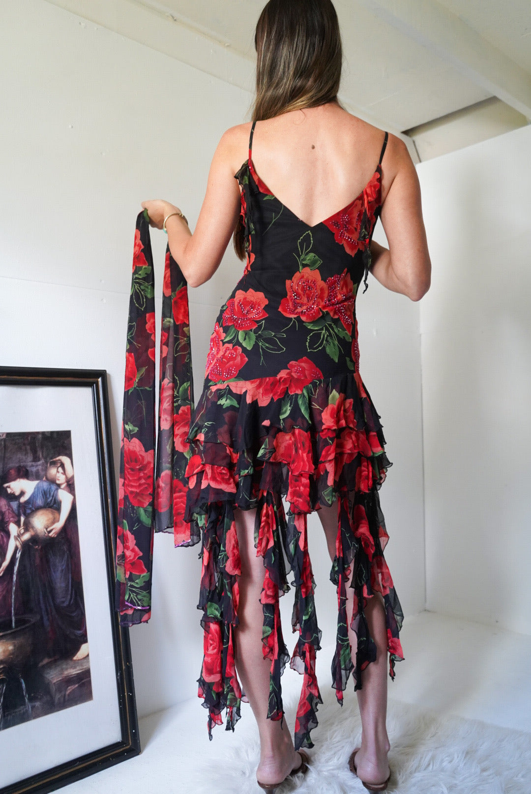 Rare y2k silk Rose mini dress with scarf🌹
