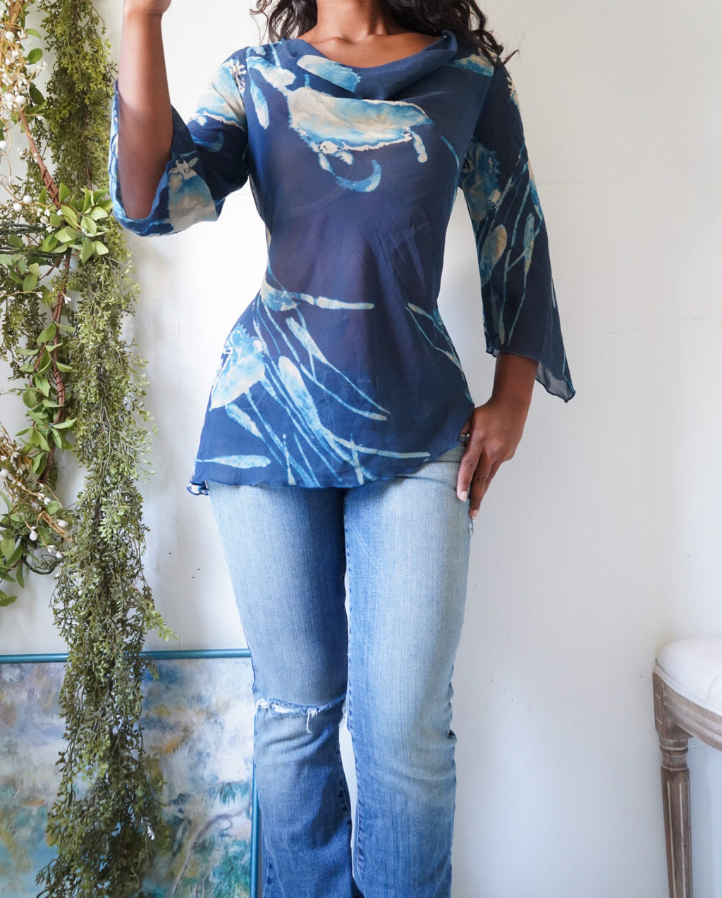 Y2K Cowl Neck Asymmetric Flare Sleeve Top