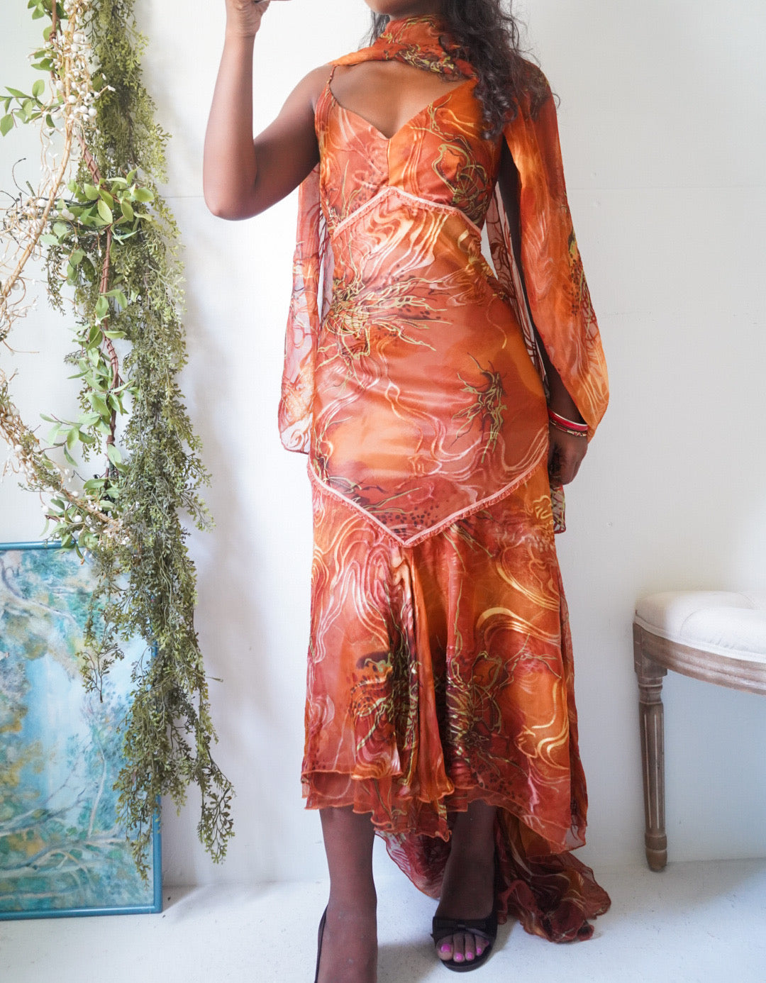 Y2K Boho Silk Abstract Print Dress