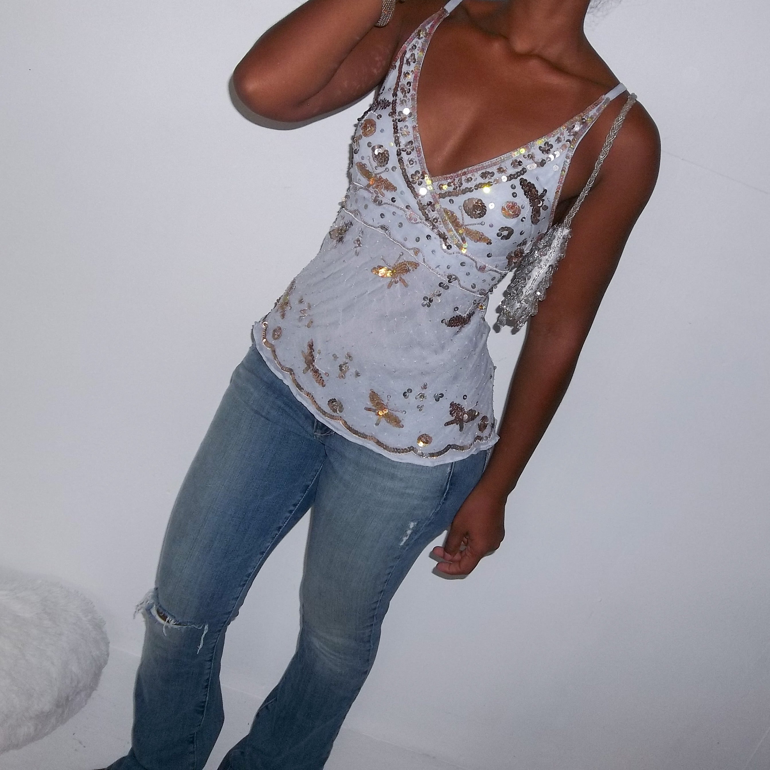 Baby Blue Silk Beaded Butterfly Cami