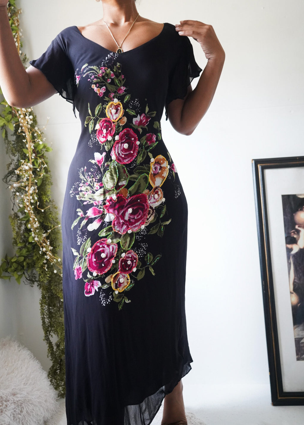 Vintage 90’s Black Garden Floral Midi Dress