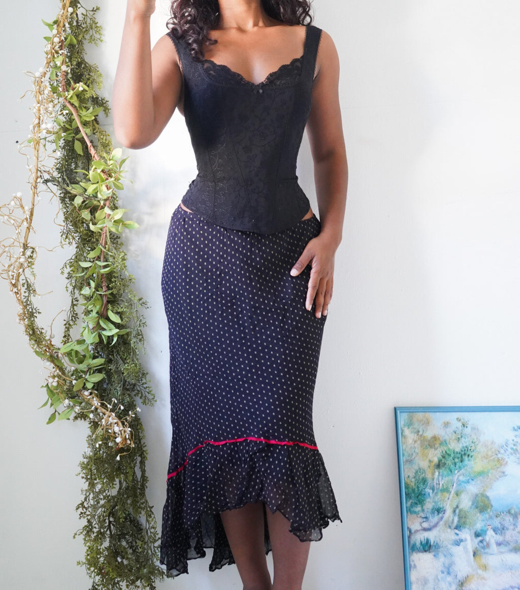 Y2K Silk Dot Ruffle Hem Skirt