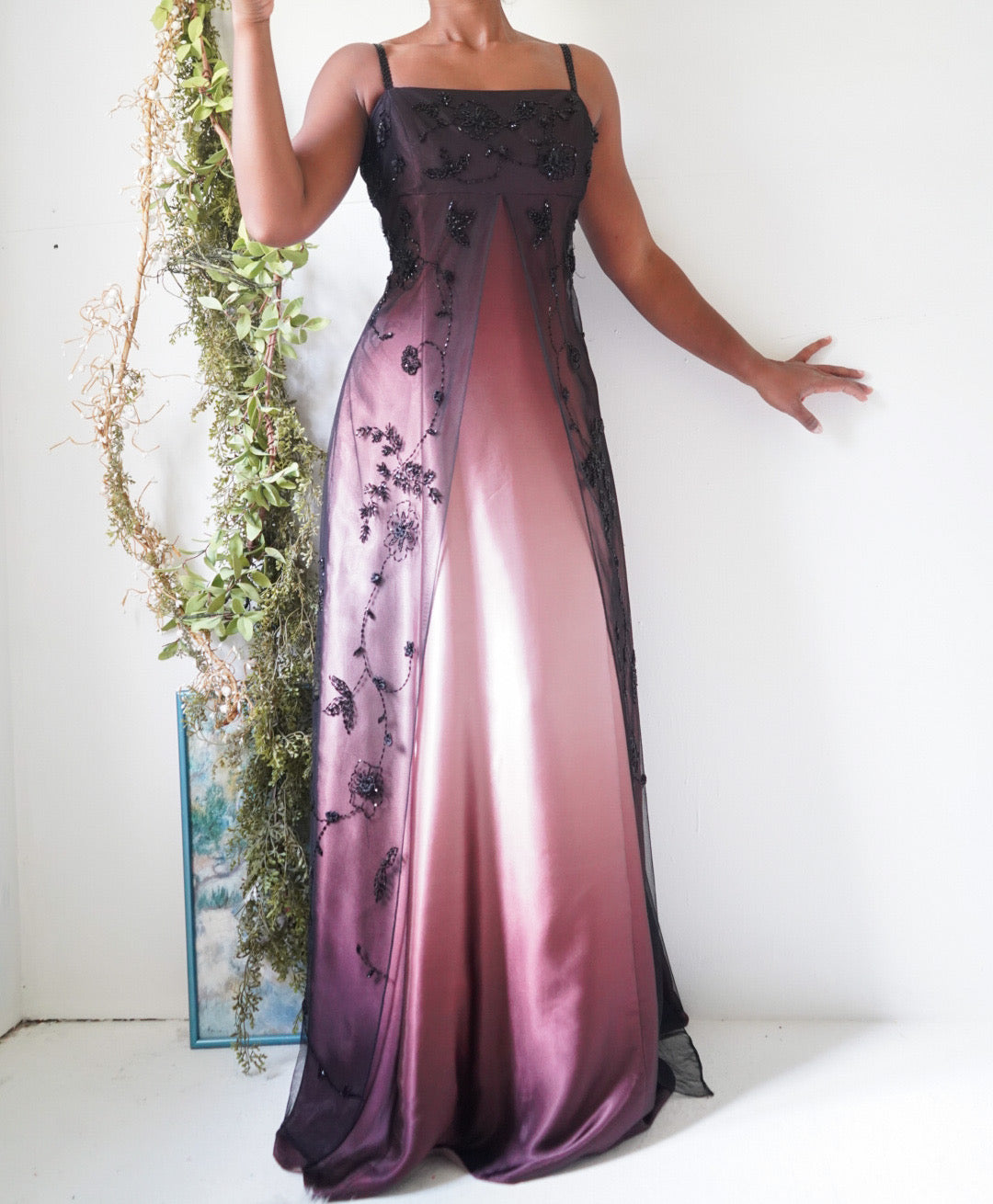 Vintage Y2K Ombre Brown Beaded Split Front Gown
